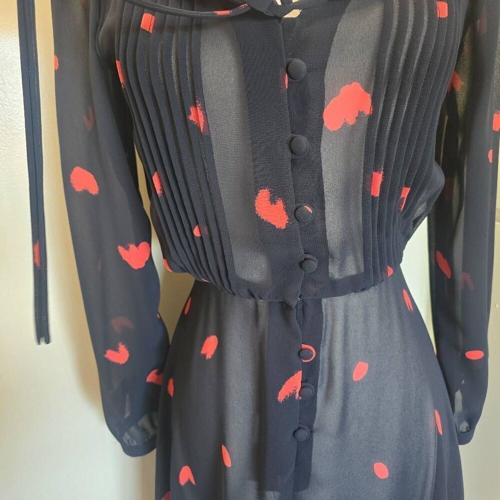 1970s Albert Nipon Black/ Red Hearts Sheer Shirt Dress, L/S, Collared,Small